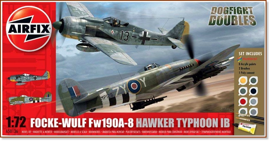 Германски и британски военен самолет - Focke Wulf Fw190A-8 and Hawker Typhoon Ib Dogfight - Сглобяеми авиомодели - комплект с лепило и боички - макет