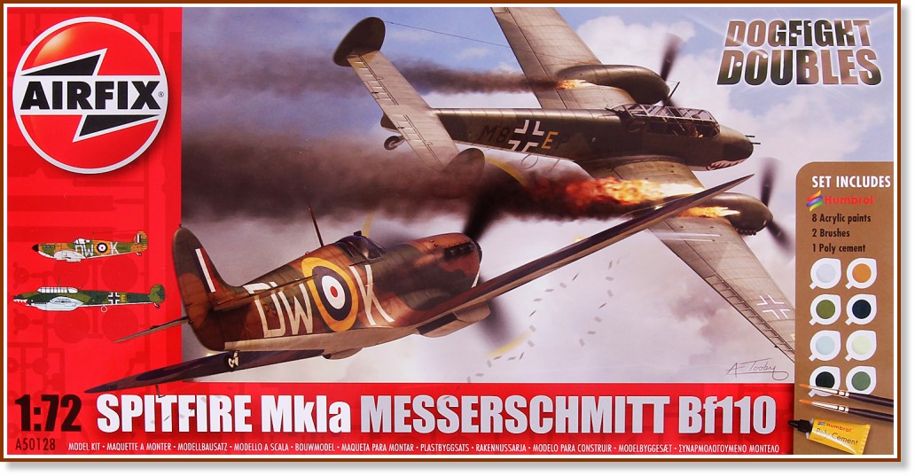 Военни самолети - Messerschmitt Bf110C/D и Supermarine Spitfire MkIa - Два сглобяеми авиомодела - комплект с лепило и боички - макет